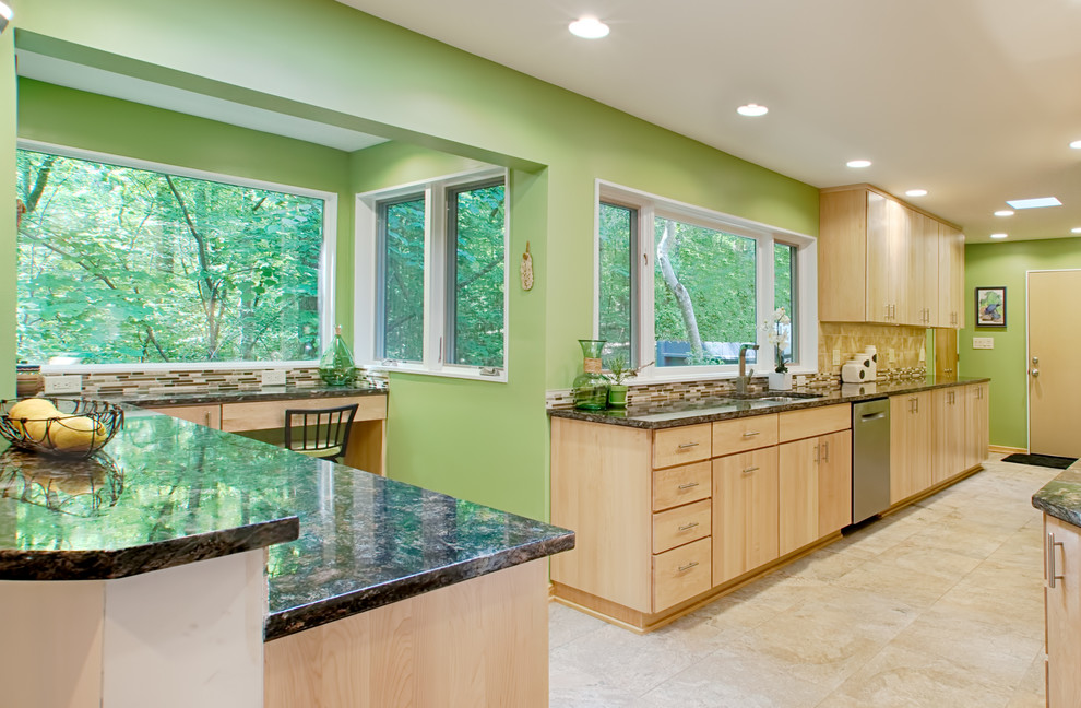 Large transitional galley porcelain tile eat-in kitchen photo in Raleigh with an undermount sink, flat-panel cabinets, light wood cabinets, granite countertops, brown backsplash, glass tile backsplash, stainless steel appliances and green walls