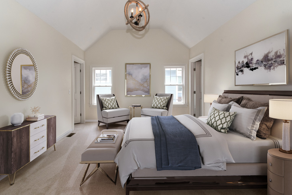 Photo of a transitional master bedroom in Cleveland with carpet, beige floor, beige walls and no fireplace.