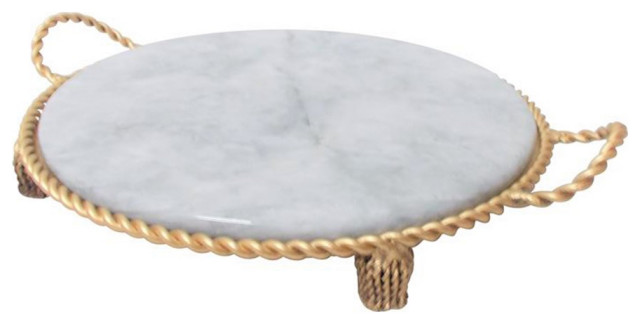 Luxe Ornate Round Gold Swag Tassel Decorative Tray White Marble Twisted Rope 