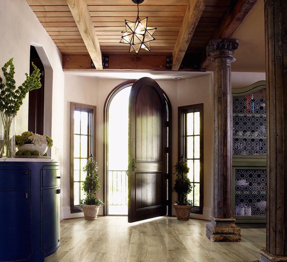 Transitional single front door photo with a dark wood front door