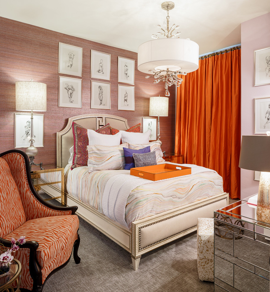 Transitional bedroom in Dallas with pink walls and carpet.