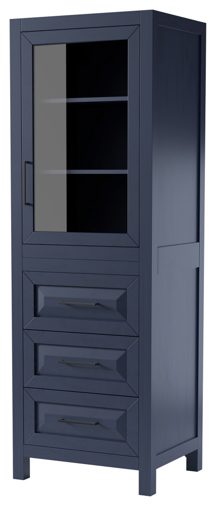 Daria Linen Tower in Dark Blue with Matte Black Trim & Shelved Cabinet Storage