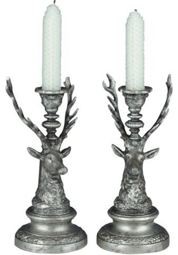 Candleholder Candlestick MOUNTAIN Lodge Deer Pair Silver Resin