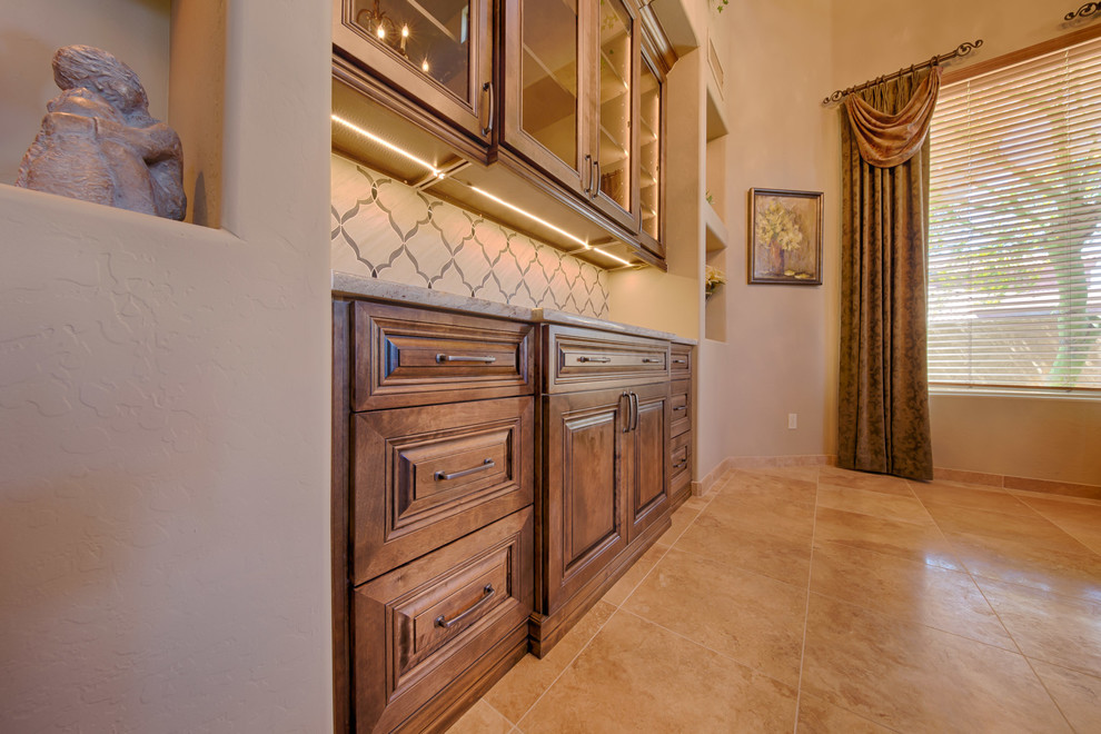 Mid-sized transitional travertine floor and beige floor home design photo in Phoenix with beige walls