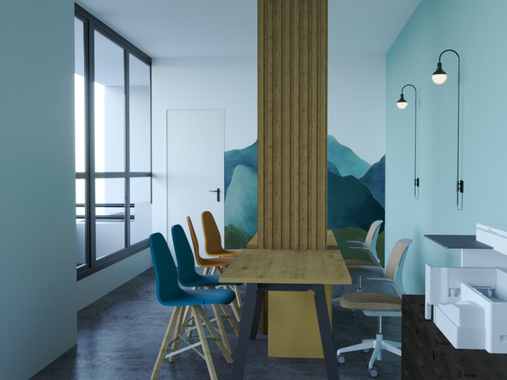 Mittelgroßes Modernes Arbeitszimmer ohne Kamin mit blauer Wandfarbe, Terrakottaboden, freistehendem Schreibtisch, grauem Boden und Tapetenwänden in Paris