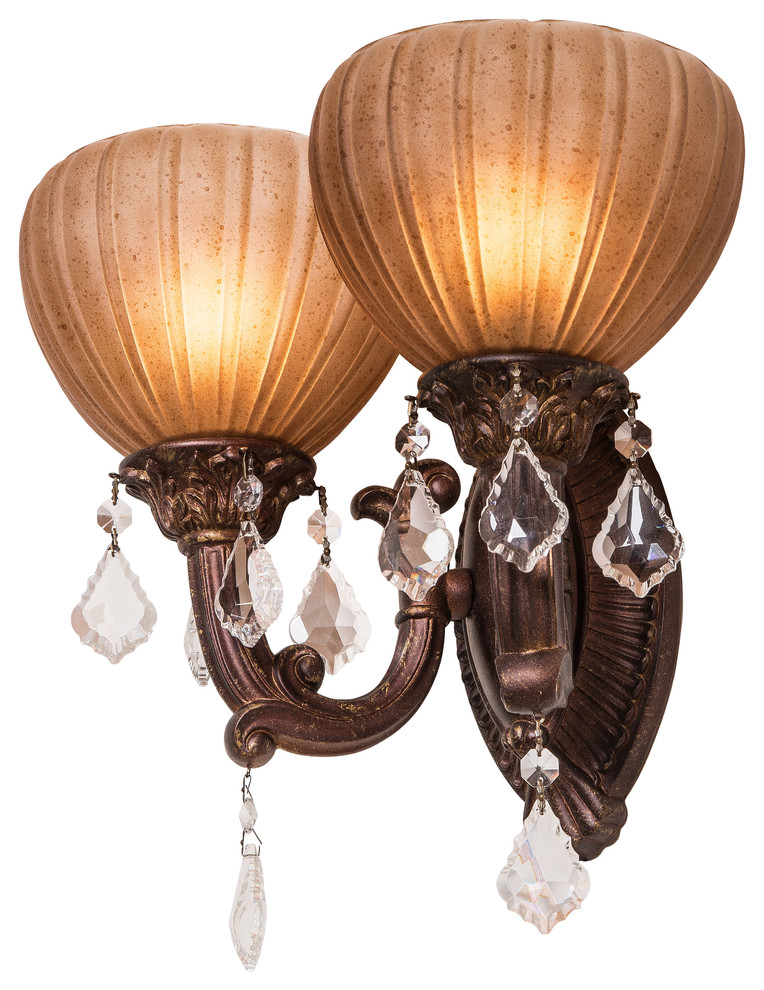 Monaco 2 Light 15" Aged Bronze Wall Sconce With Clear Crystal Accents