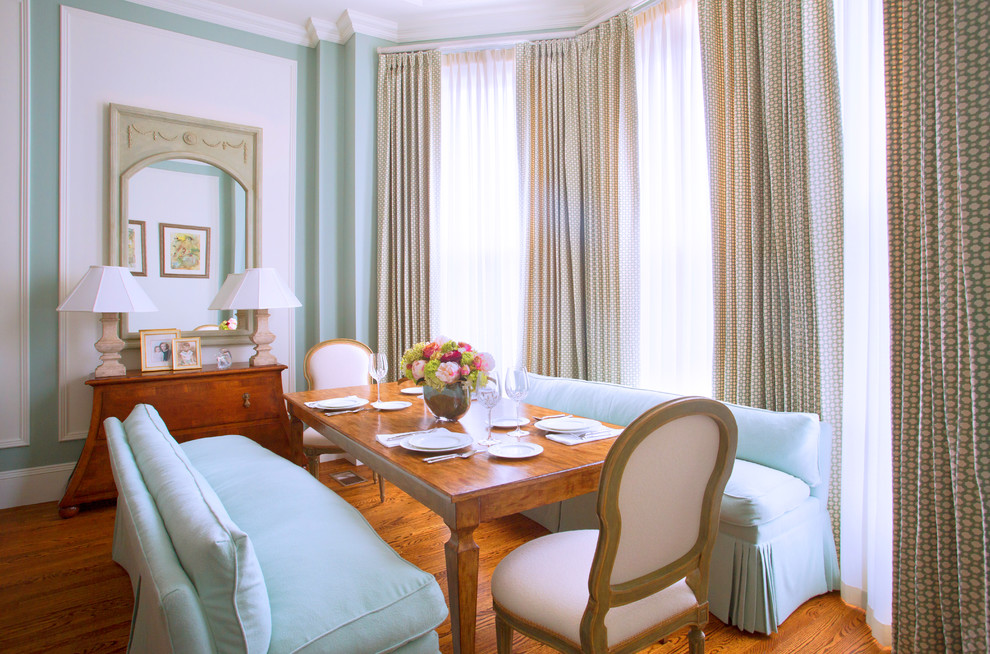 Great room - mid-sized traditional medium tone wood floor great room idea in Boston with multicolored walls