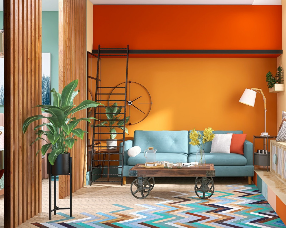 Стильный дизайн: маленькая гостиная комната в белых тонах с отделкой деревом в стиле фьюжн с оранжевыми стенами, паркетным полом среднего тона, разноцветным полом, многоуровневым потолком и акцентной стеной без камина для на участке и в саду - последний тренд