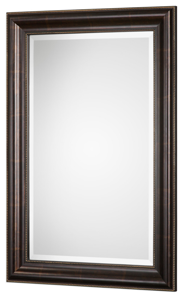 Benzara Wooden Rectangular Wall Mirror with Beading Details, Bronze and