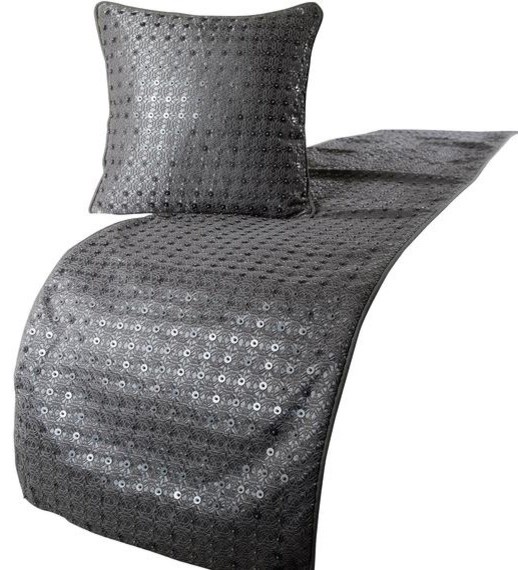 Grey Bed Runner With Pillow Cover, Satin Bed Scarf, Silver Sparkle Contemporary Bedskirts