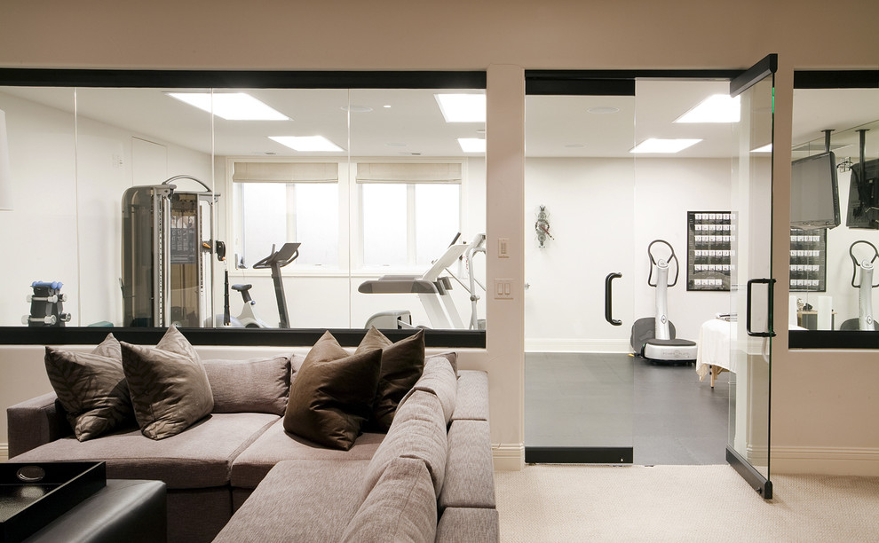 Photo of a large contemporary multipurpose gym in Denver with white walls.