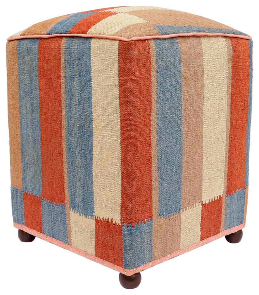 Modern Odilia Handmade Kilim Upholstered Ottoman, 16 in. x 16 in. x 21 in. Southwestern