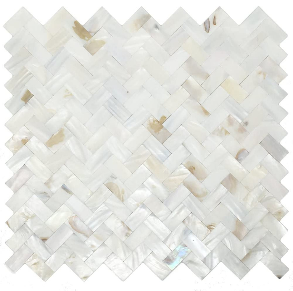 Mother of Pearl Oyster White Natural Sea Shell Seamless Herringbone Tile
