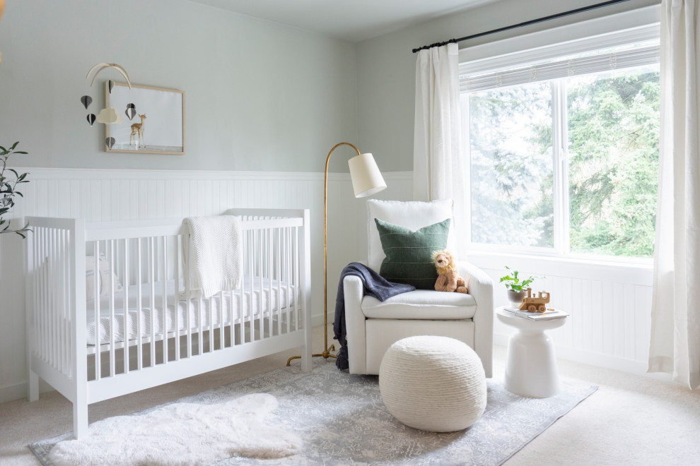 Kirkland Nursery - Example of a transitional carpeted, beige floor and wainscoting nursery design in Los Angeles with gray walls
