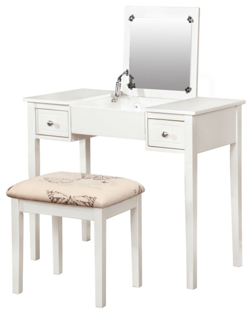 Cushioned Stool White And Beige, White Wooden Vanity