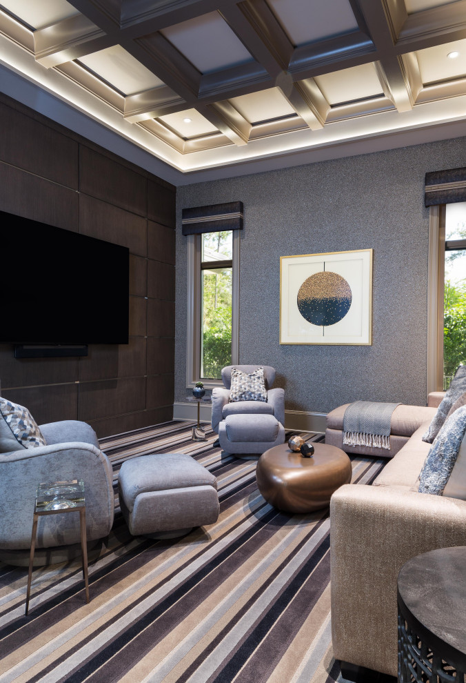 Inspiration for a mediterranean family room in Miami with grey walls, carpet, no fireplace, a wall-mounted tv, multi-coloured floor, coffered, wallpaper and wood walls.