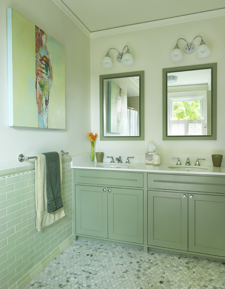 Bathroom - traditional mosaic tile mosaic tile floor bathroom idea in Boston with green cabinets, beige walls, an integrated sink, shaker cabinets and quartzite countertops