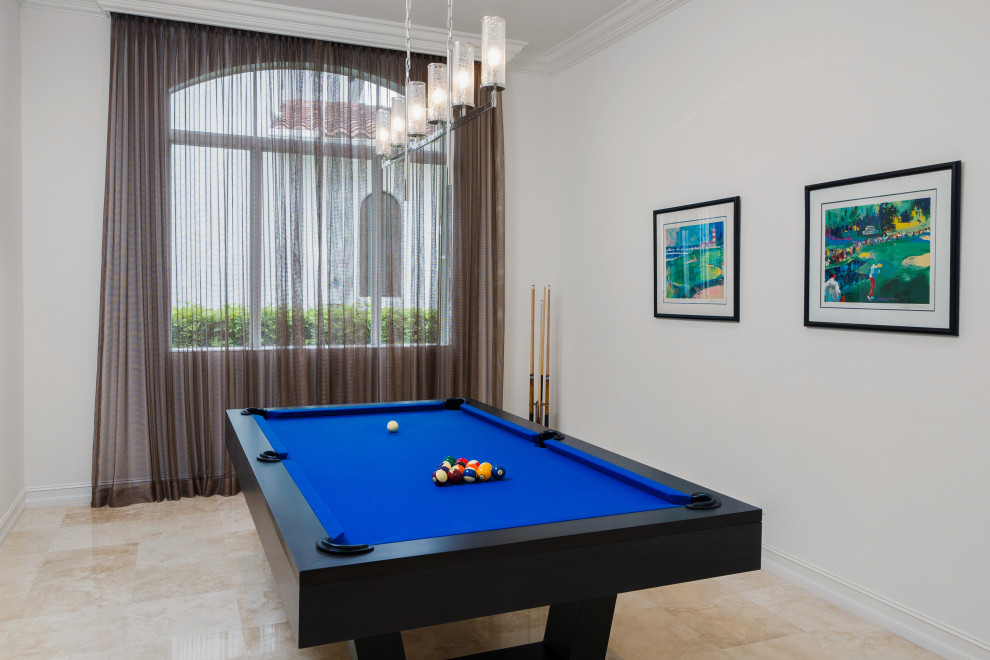 Design ideas for a large mediterranean open plan games room in Miami with a game room, white walls, marble flooring and beige floors.