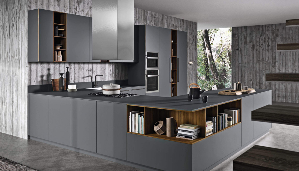 Large scandinavian u-shaped open plan kitchen in Other with grey cabinets, stainless steel appliances, no island and grey benchtop.