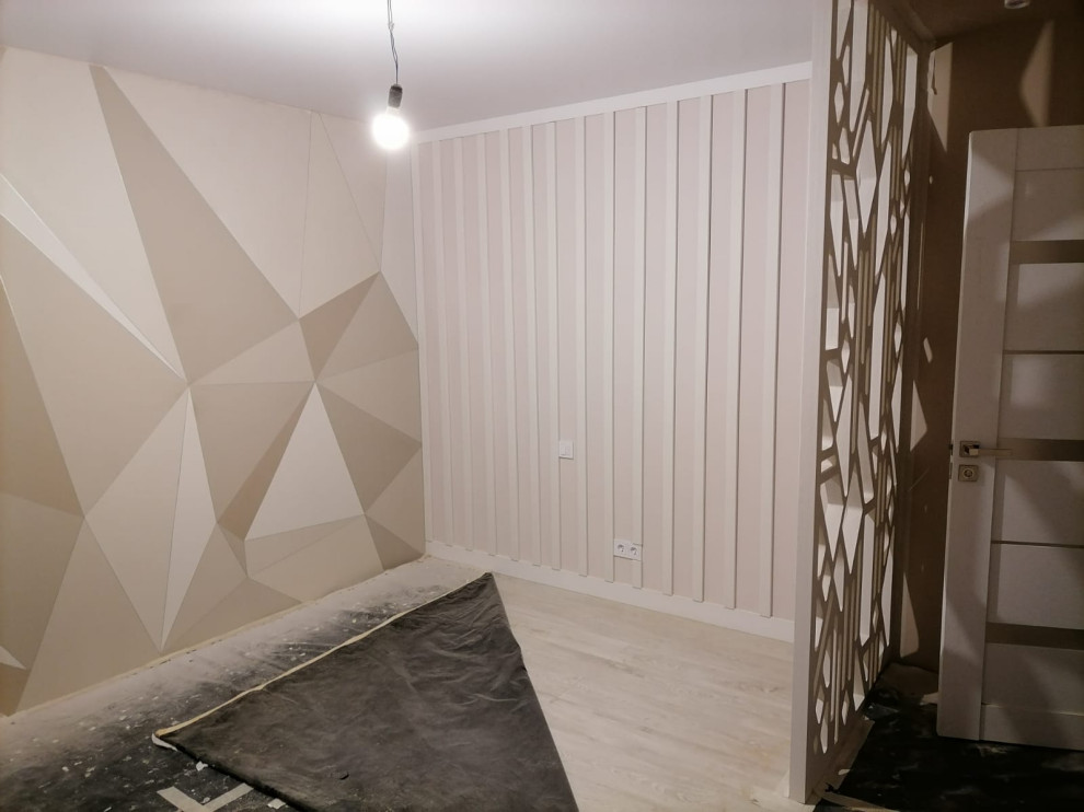 Спальня для девушки с использованием реек и перегородки