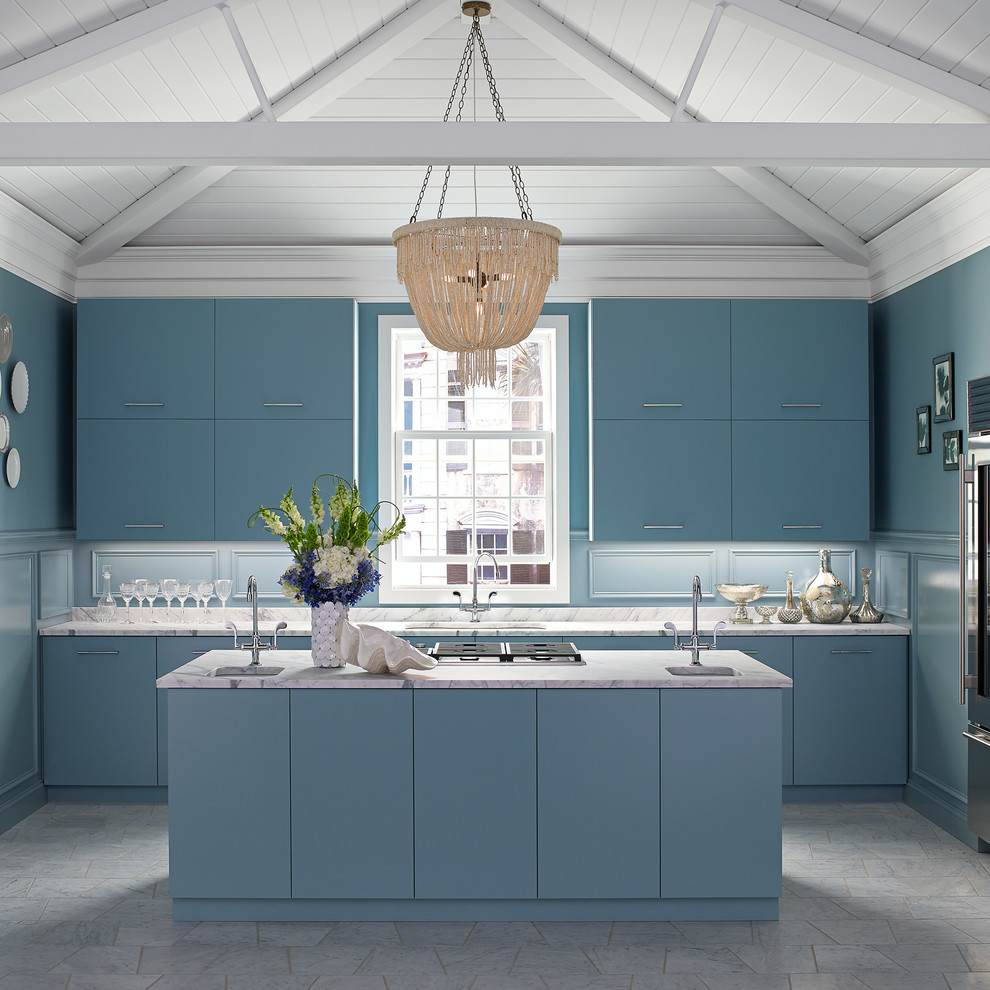 Design ideas for an expansive contemporary u-shaped separate kitchen in Charleston with an undermount sink, flat-panel cabinets, blue cabinets, blue splashback, marble benchtops, stainless steel appliances, marble floors and with island.