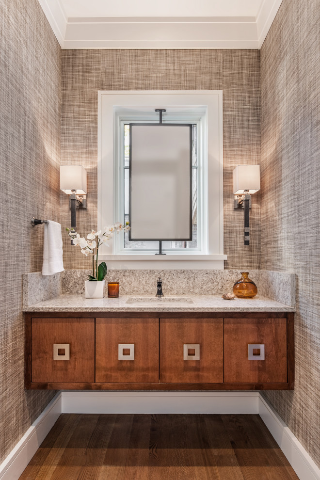 Inspiration for a large traditional shower room bathroom in Other with flat-panel cabinets, medium wood cabinets, a two-piece toilet, beige walls, medium hardwood flooring, a submerged sink, granite worktops, brown floors, beige worktops, a single sink, a floating vanity unit and wallpapered walls.
