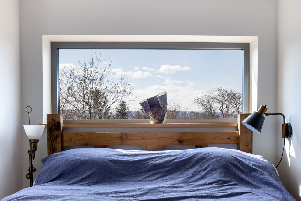 Mid-sized scandinavian guest bedroom in Other with white walls and light hardwood floors.