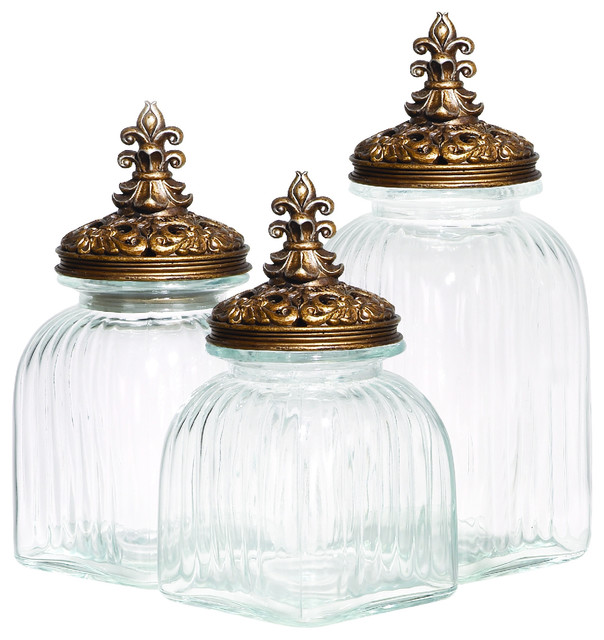 Casa Cortes Baroque Fleur De Lis 3-piece Gold Lid Glass Canister Set