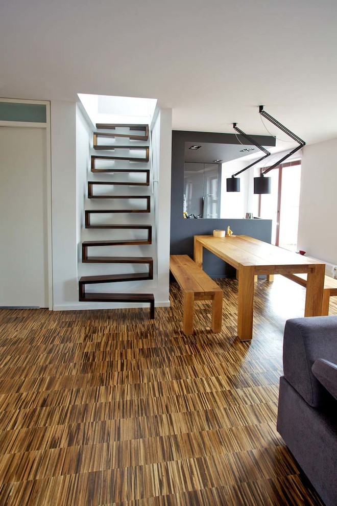Small contemporary wood straight staircase in Other.
