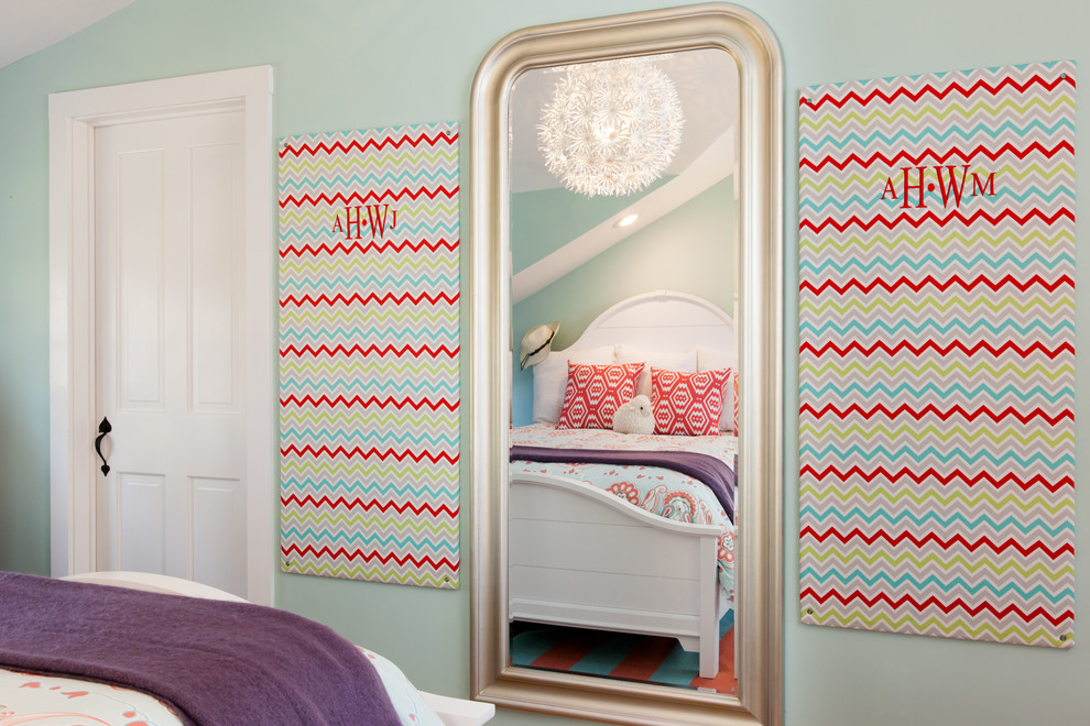 Inspiration for a large transitional kids' room for girls in Boston with green walls.