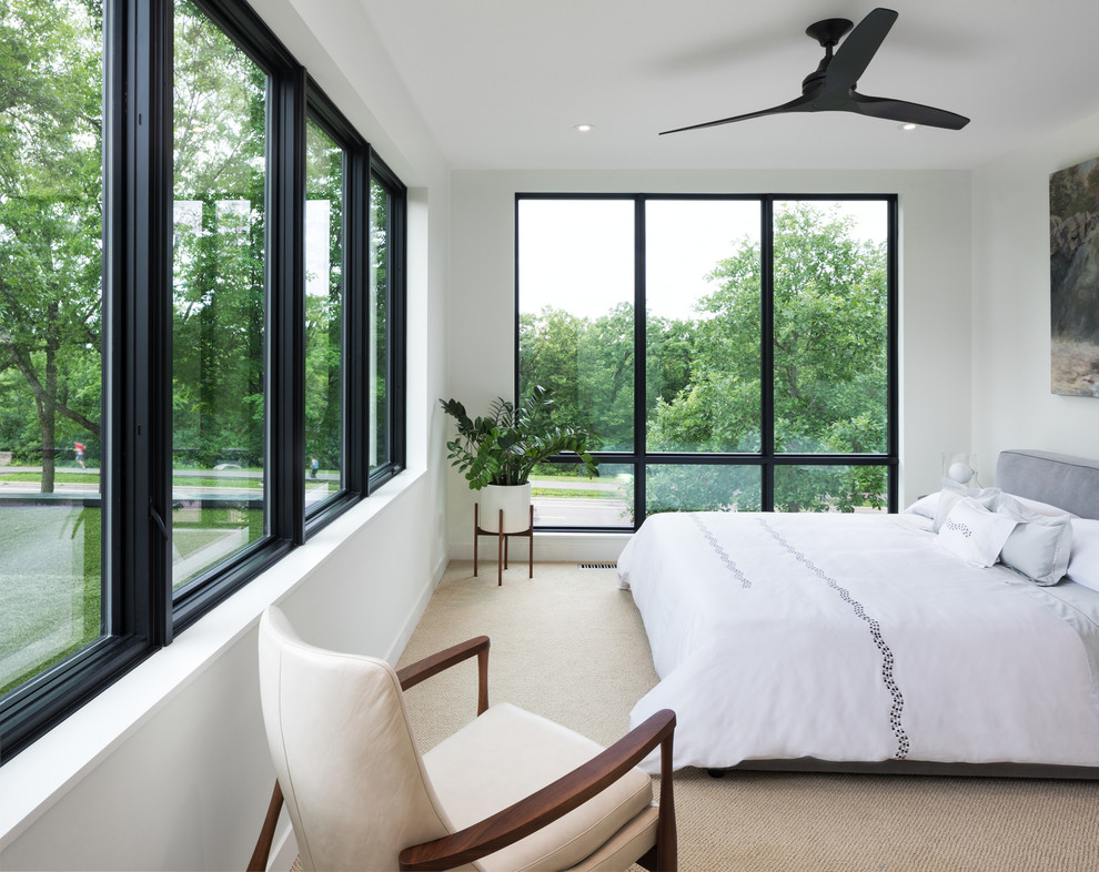 Inspiration for a contemporary master bedroom in Minneapolis with white walls, carpet, beige floor and no fireplace.