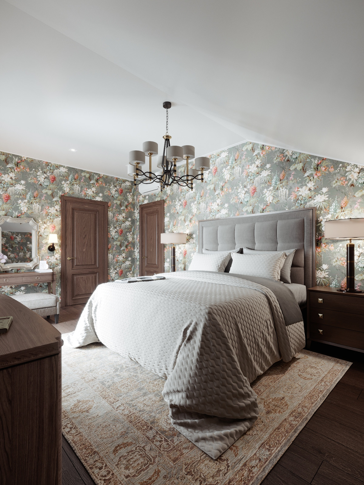 Спальня загородного дома с гардеробной, 29 кв.м