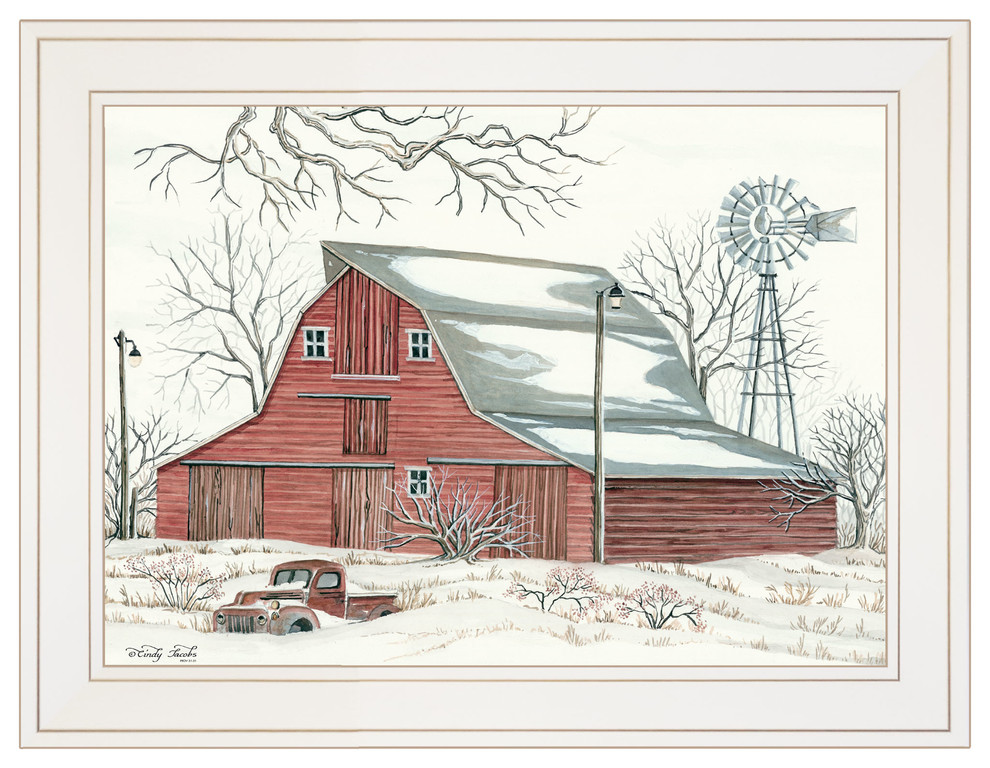 Winter Barn With Pickup Truck By Cindy Jacobs White Frame