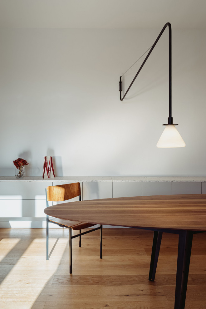 Источник вдохновения для домашнего уюта: столовая в современном стиле с паркетным полом среднего тона