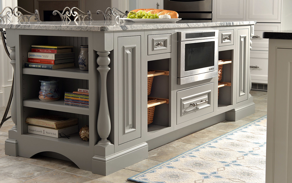 Large transitional ceramic tile eat-in kitchen photo in Atlanta with furniture-like cabinets, gray cabinets, granite countertops, gray backsplash, stainless steel appliances and an island