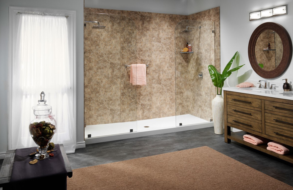 Exempel på ett stort modernt vit vitt badrum med dusch, med skåp i shakerstil, skåp i mellenmörkt trä, våtrum, brun kakel, stenkakel, vita väggar, vinylgolv, ett integrerad handfat, bänkskiva i akrylsten, grått golv och med dusch som är öppen