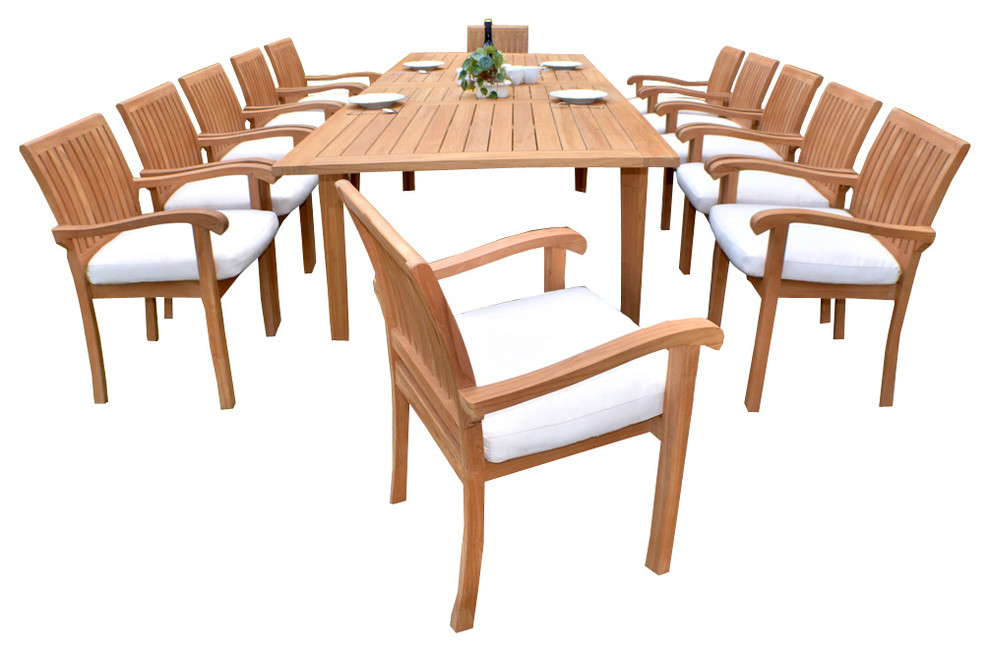 13 Piece Teak Dining Set, 122" Double Rectangle Table, 12 Nain Stacking Chairs