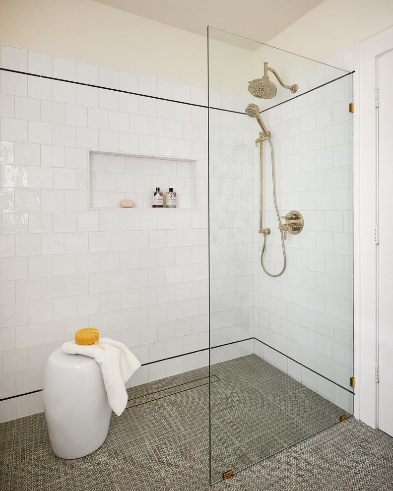 Bathroom - mid-sized transitional master white tile and cement tile ceramic tile, gray floor, single-sink and wallpaper bathroom idea in Chicago with a one-piece toilet, white walls and a pedestal sink