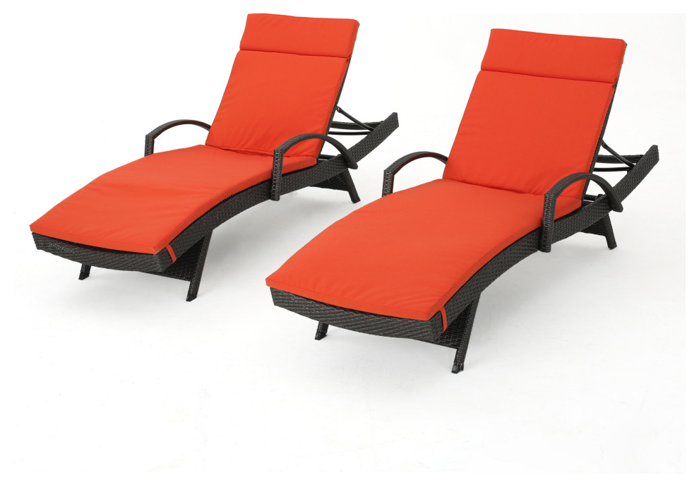 GDF Studio Soleil Outdoor Wicker Chaise Lounges, Cushions, Set of 2