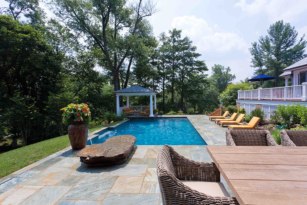 Mid-sized transitional backyard stone and rectangular lap pool house photo in Baltimore