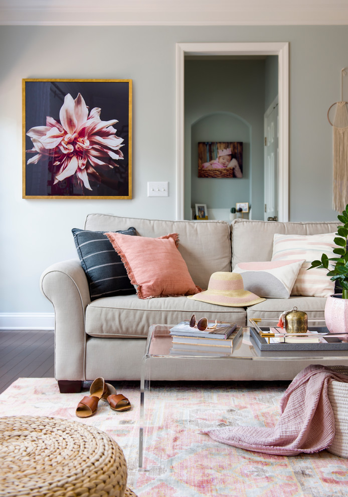 Design ideas for a large transitional formal open concept living room in Atlanta with grey walls, dark hardwood floors and pink floor.