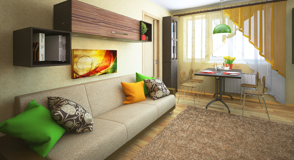 Вид на раскладывающийся диван зону приема пищи