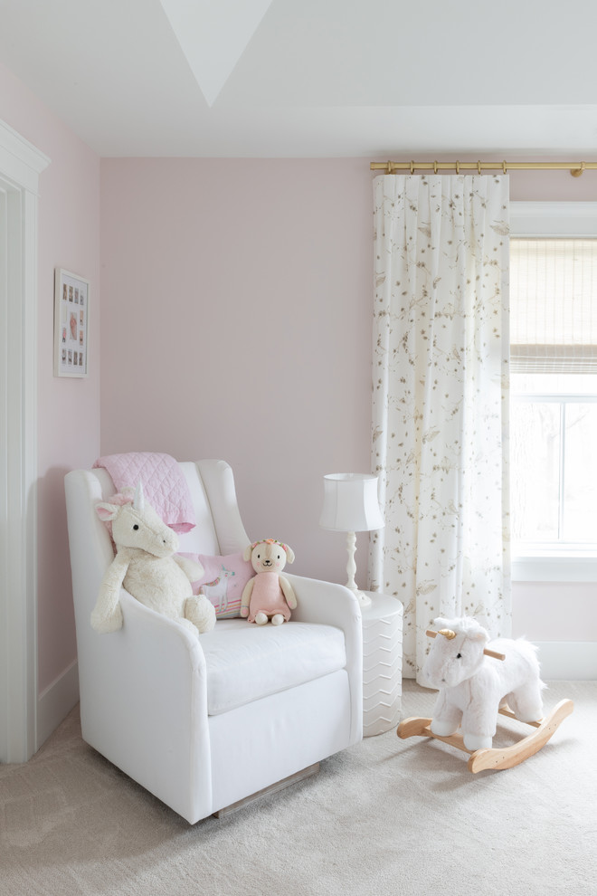 Large cottage girl carpeted and white floor nursery photo in Chicago with pink walls