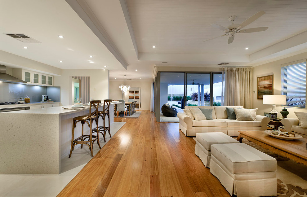 Design ideas for a large contemporary formal open concept living room in Perth with white walls, light hardwood floors and no tv.