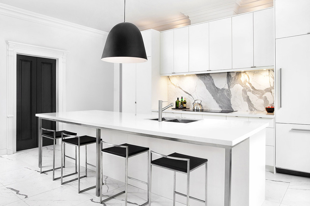 Inspiration for a contemporary kitchen in Toronto with a double-bowl sink, flat-panel cabinets, white cabinets, quartz benchtops, stone slab splashback, panelled appliances, marble floors and with island.
