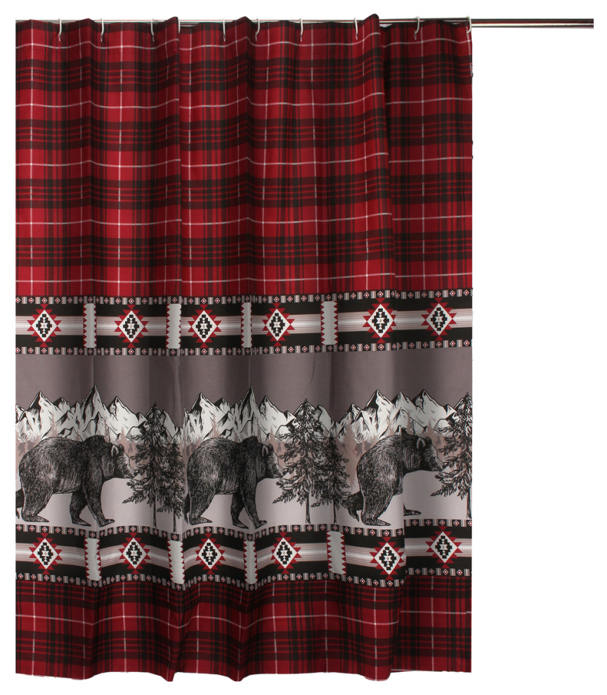 Sofia 72 Inch Bear Shower Curtain Red And Black Plaid Poly Microfiber - Saltoro