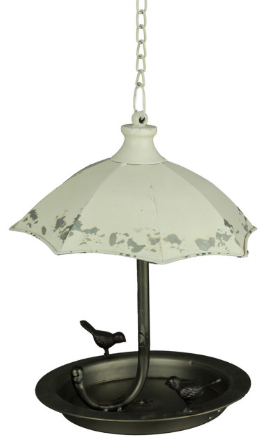 Distressed White Metal Art Umbrella Hanging Bird Feeder