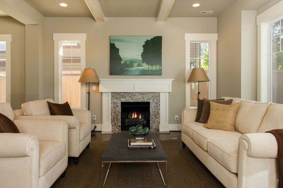 Inspiration for a mid-sized transitional open concept living room in Seattle with grey walls, medium hardwood floors, a standard fireplace and a tile fireplace surround.