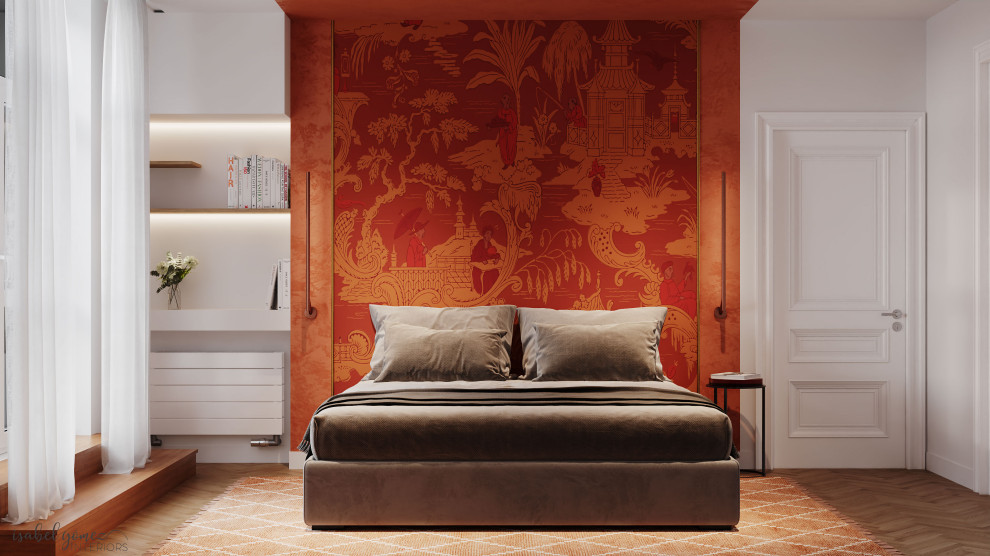 Scandi master bedroom in Brussels with orange walls, medium hardwood flooring and a wallpapered ceiling.