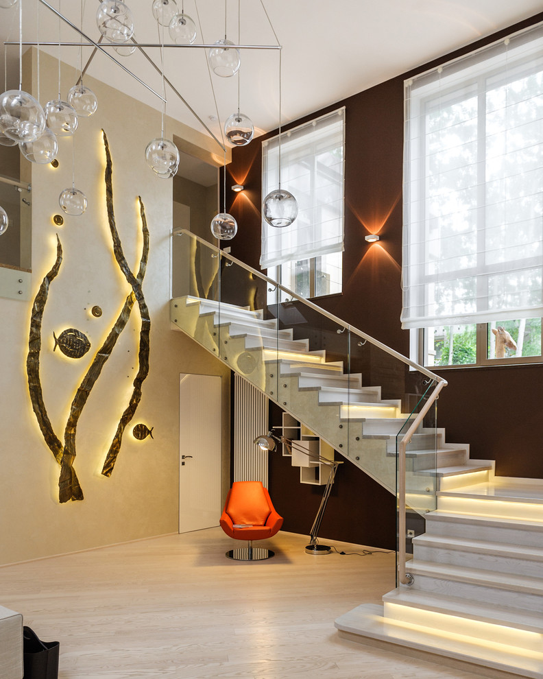 Contemporary wood l-shaped staircase in Other with concrete risers.